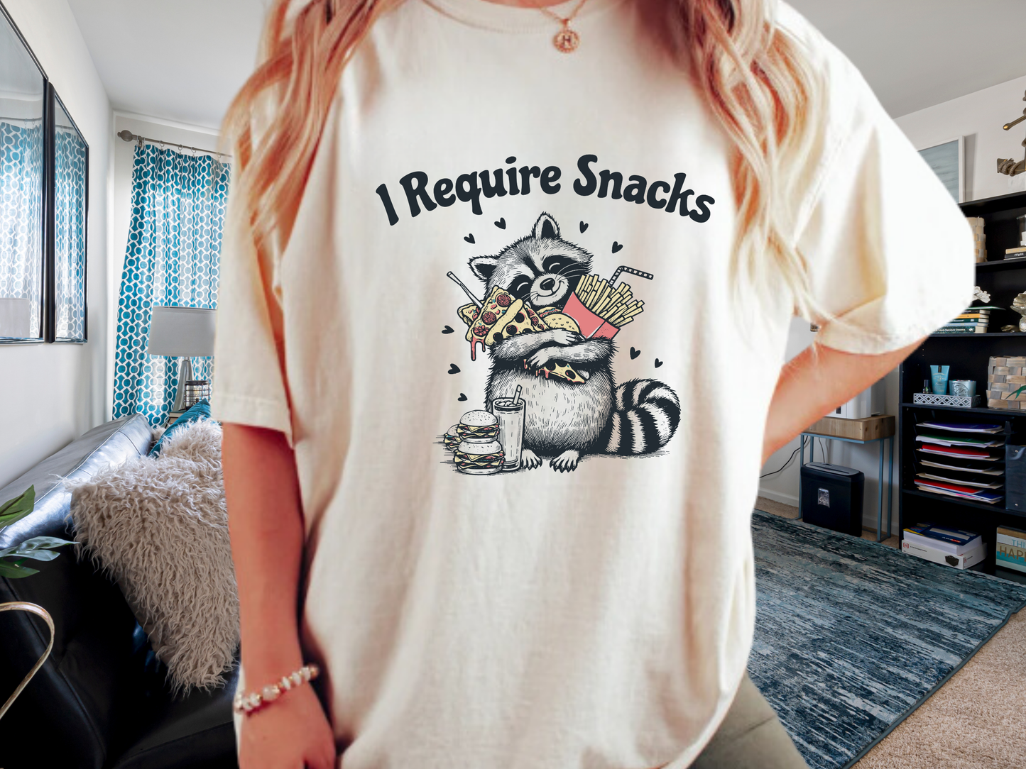 I Require Snacks Funny Raccoon T-Shirt Pizza Fries Graphic Comfort Colors 1717 Tee