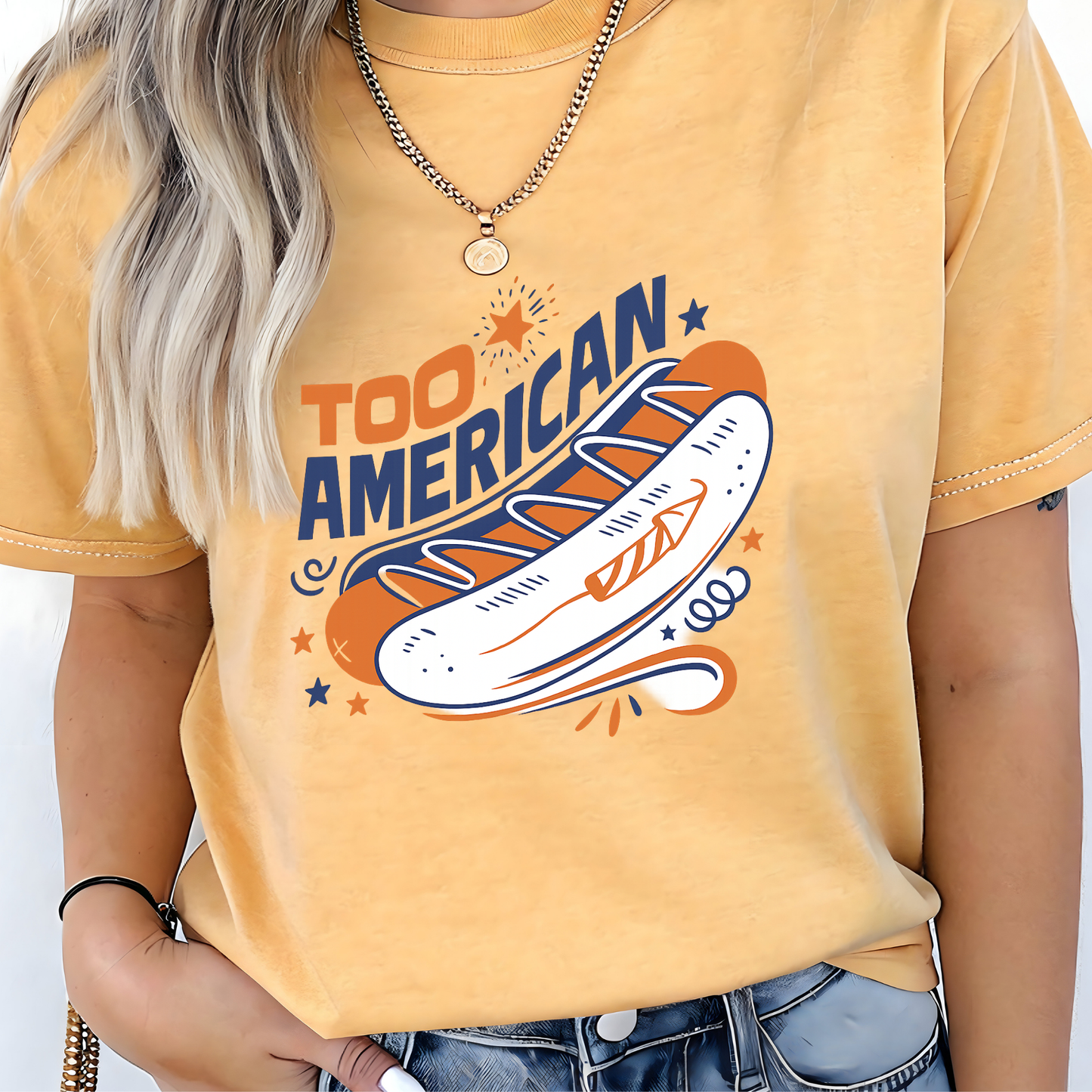 Too American Retro Hot Dog Shirt - Funny 4th of July Tee