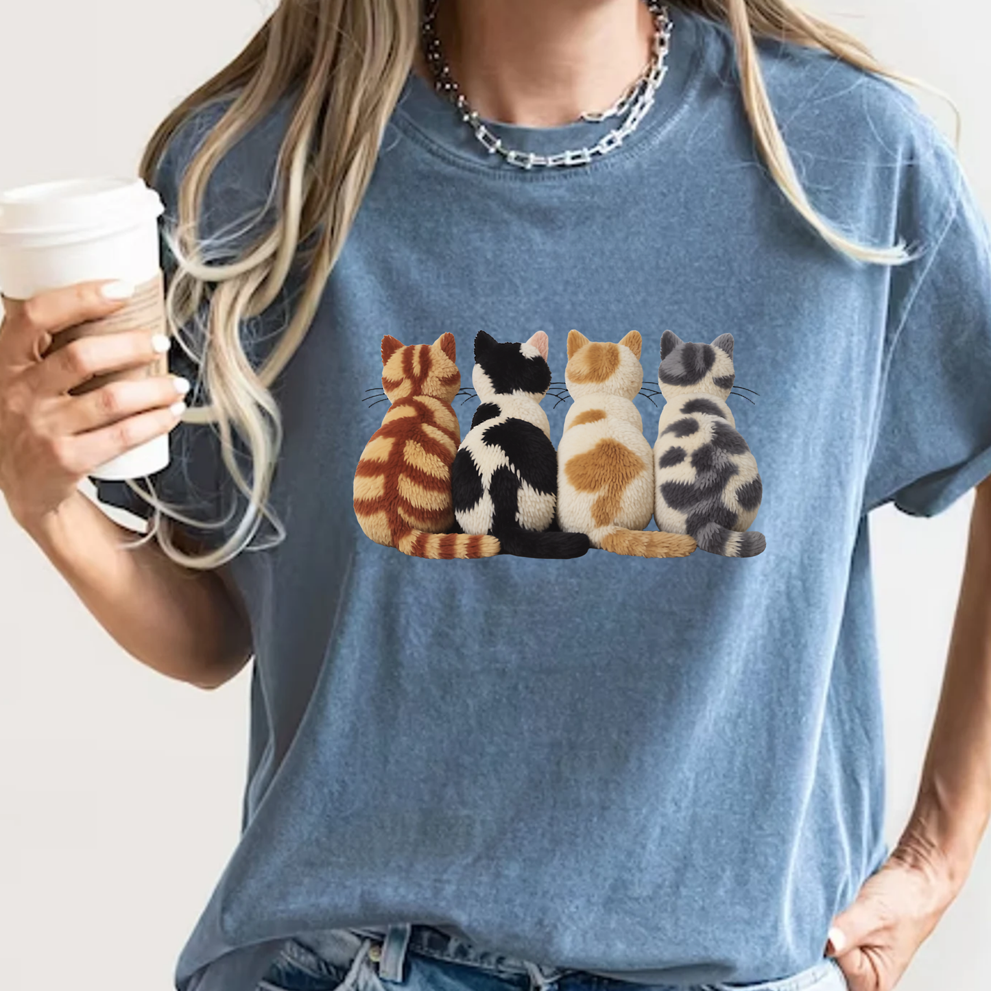 Four Cats Faux Embroidery T-Shirt Funny Cat Mom Graphic Comfort Colors 1717 Tee