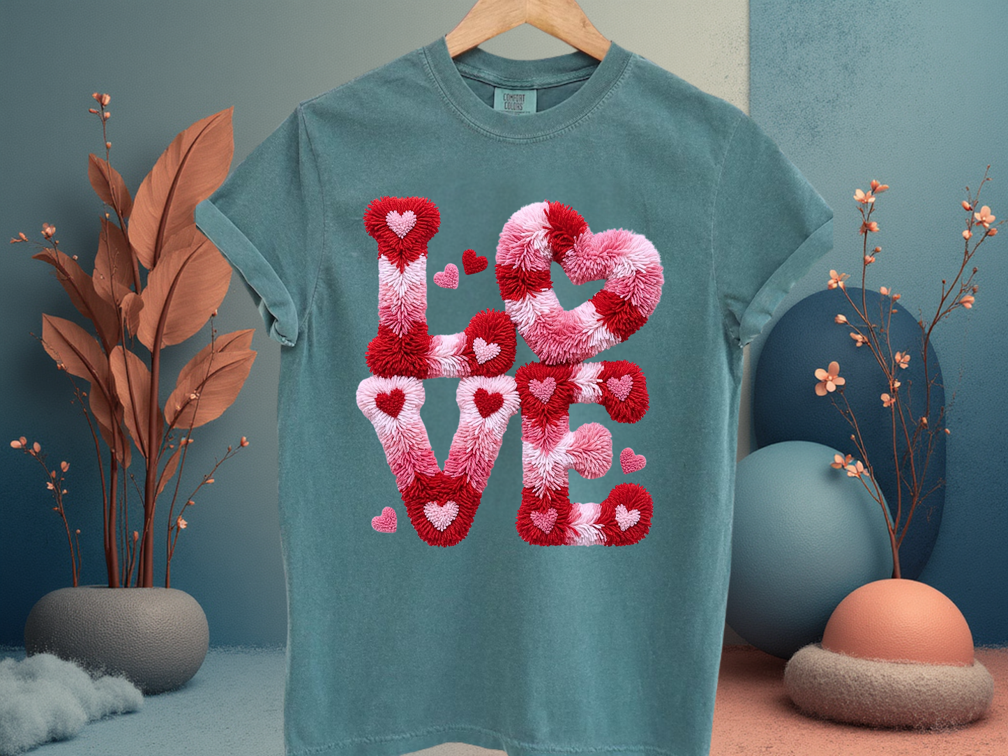 Love Hearts Faux Embroidery T-Shirt | Pink Tufted Chenille Graphic | Comfort Colors 1717 Valentine's Tee