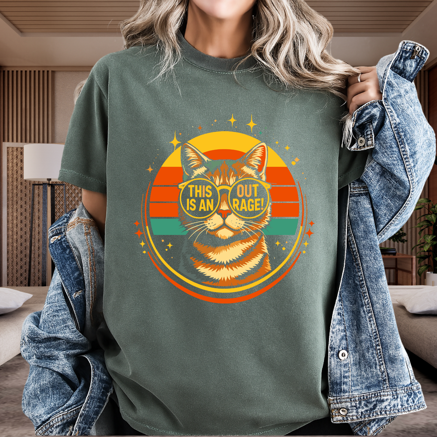 This Is An Outrage Funny Cat T-Shirt | Retro Tabby with Glasses | Comfort Colors 1717 Vintage Tee