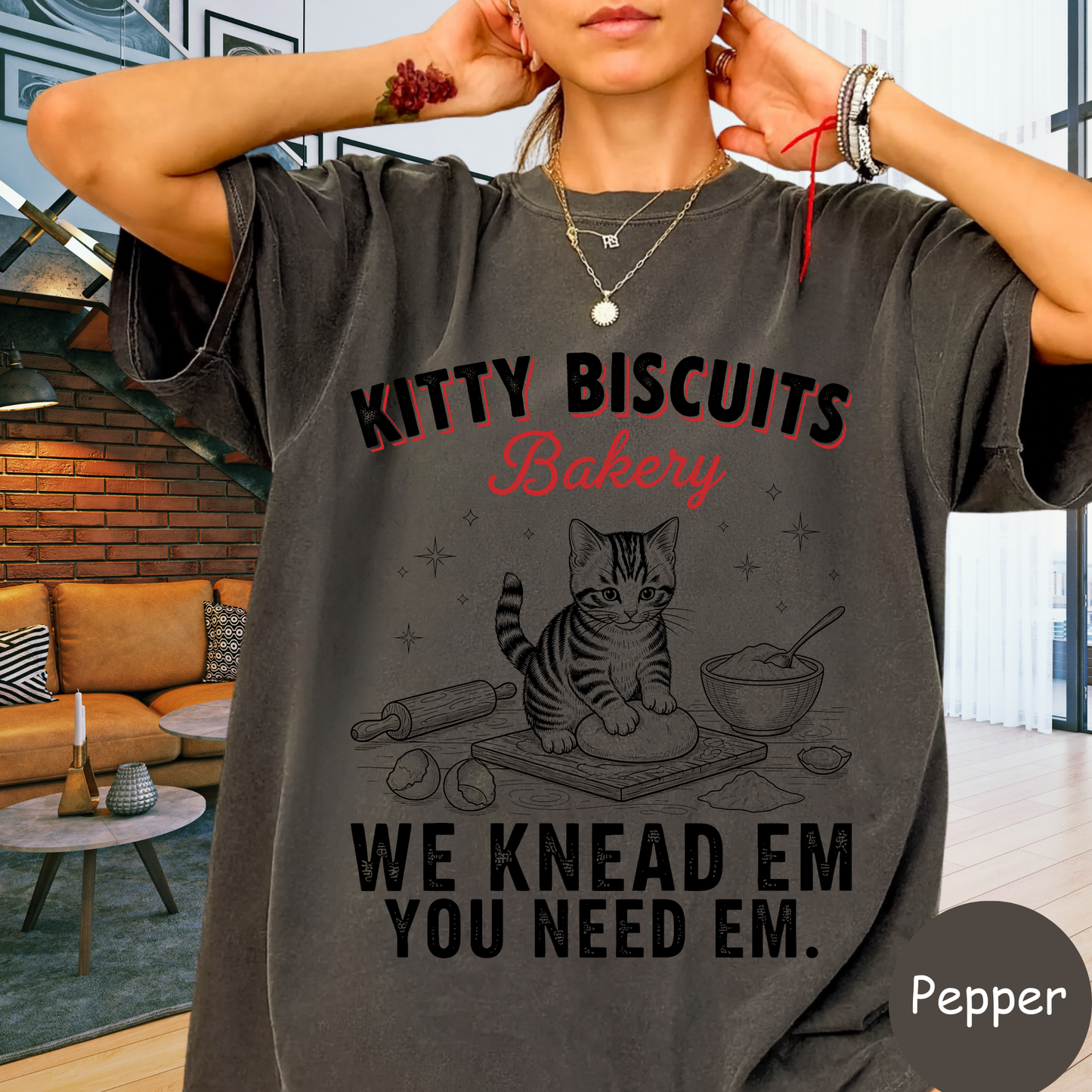 Funny 'Kitty Biscuits Bakery' T-Shirt | Cute Cat Kneading Dough Tee | Comfort Colors® 1717