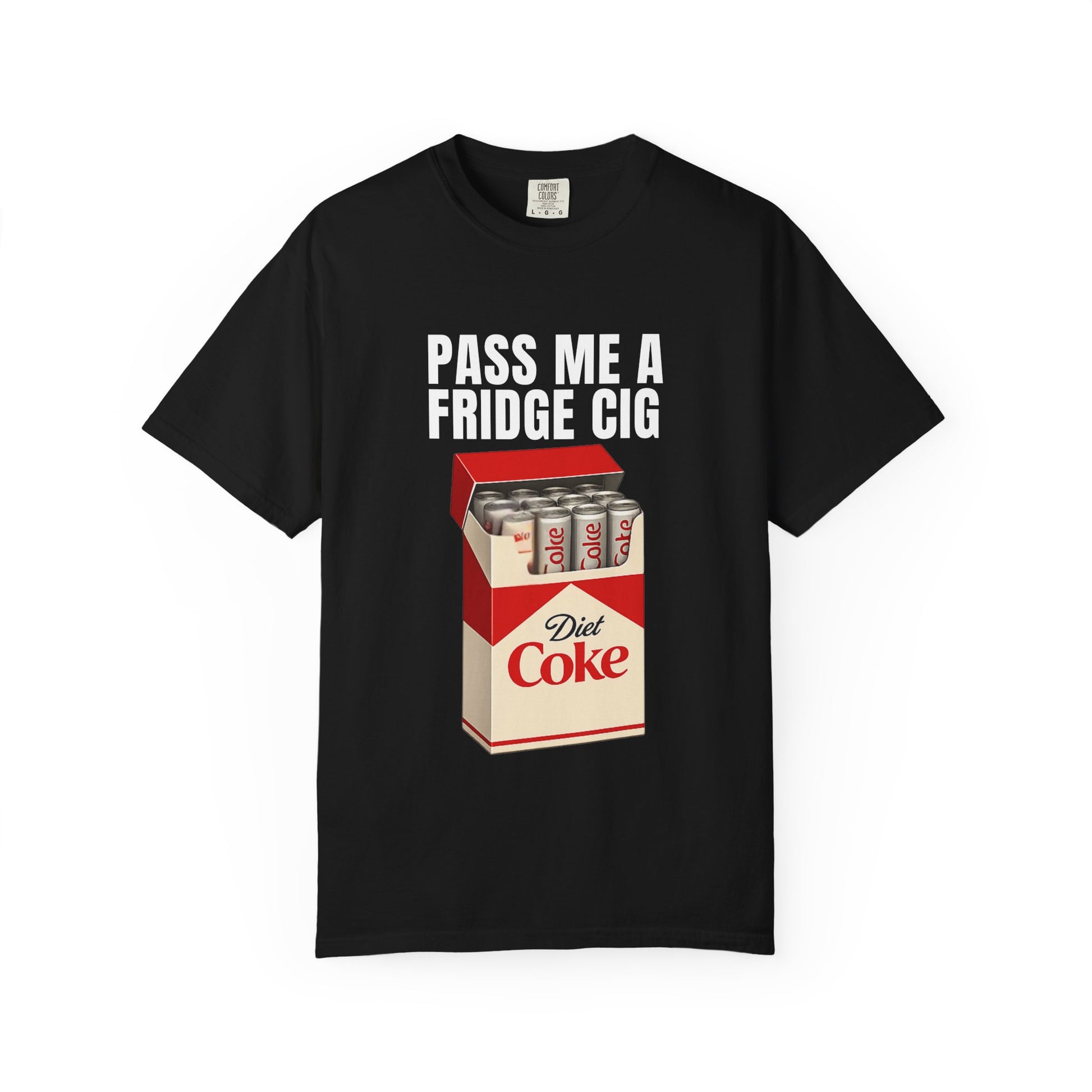 ronic meme t-shirt featuring a 'Pass Me A Fridge Cig' graphic with a red and white cigarette pack parody filled with silver soda cans, printed on a premium mauve Comfort Colors 1717 vintage-wash tee.