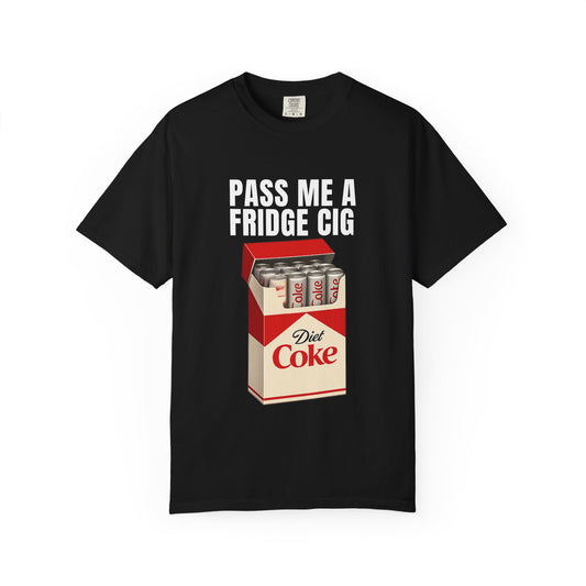 ronic meme t-shirt featuring a 'Pass Me A Fridge Cig' graphic with a red and white cigarette pack parody filled with silver soda cans, printed on a premium mauve Comfort Colors 1717 vintage-wash tee.