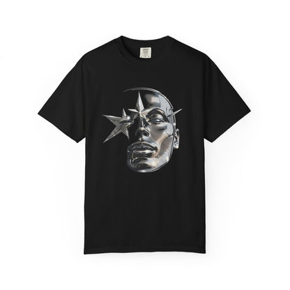 Cyber Y2K Chrome Face Graphic T-Shirt | Futuristic Liquid Metal Stars | Comfort Colors T-shirt