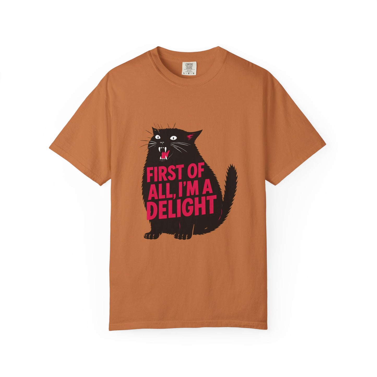 First Of All I'm A Delight T-Shirt | Sassy Screaming Black Cat Graphic Tee | Funny Sarcastic Cat Mom Gift