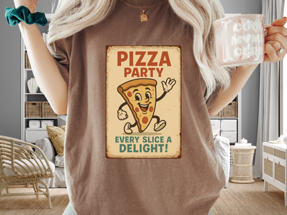 Pizza Party Vintage Mascot T-Shirt | Retro Cartoon Slice Graphic | Comfort Colors 1717 Heavyweight Tee