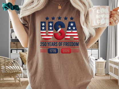 USA 250 Years Faux Embroidery T-Shirt | 1776-2026 Patriotic Stitched Graphic | Comfort Colors 1717 Tee