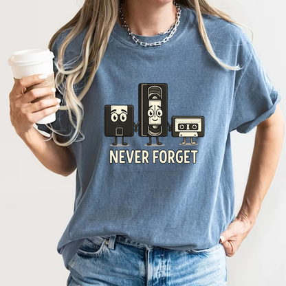 Never Forget Retro Tech T-Shirt | Funny VHS Floppy Disk & Cassette Graphic | Comfort Colors 1717 Nostalgia Tee