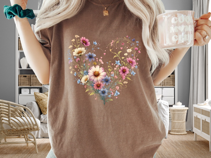 Wildflower Heart Botanical T-Shirt | Vintage Cottagecore Floral Graphic | Comfort Colors 1717 Tee