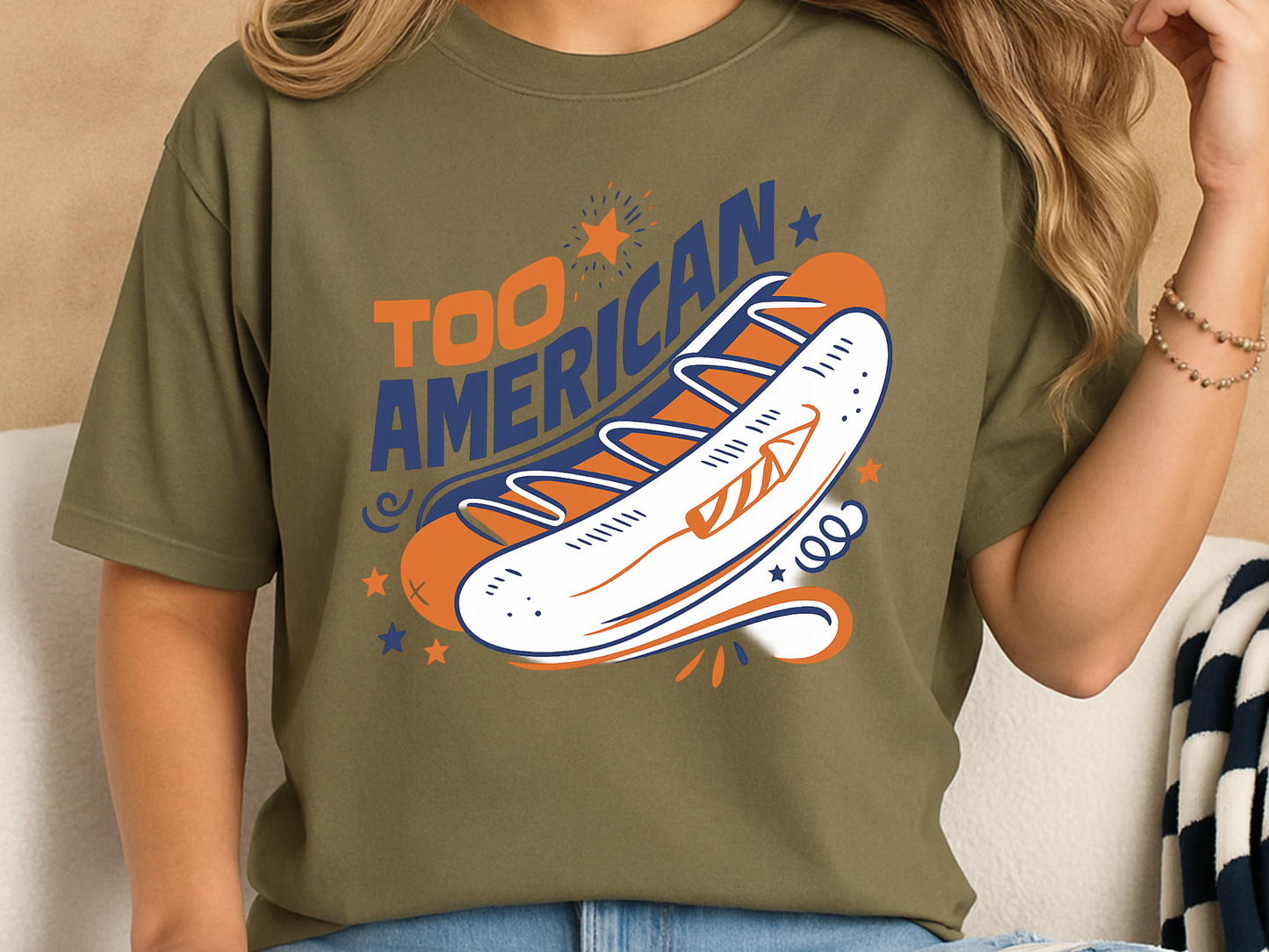 Too American Retro Hot Dog Shirt - Funny 4th of July Tee
