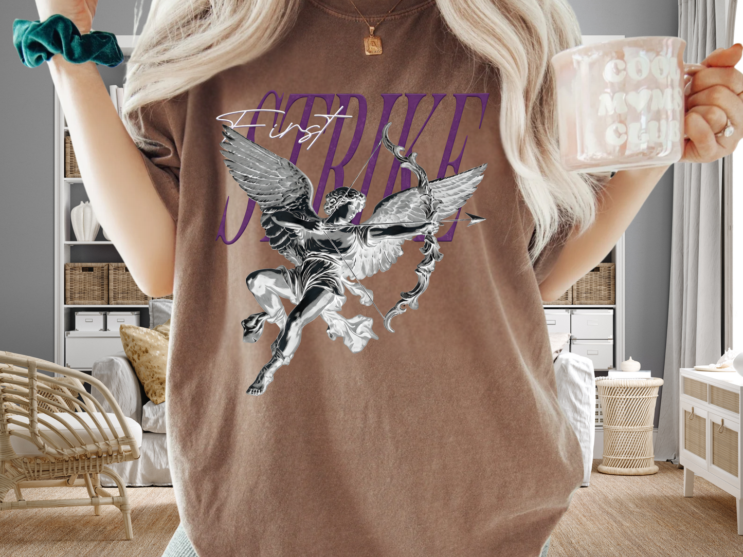 Y2K Chrome Angel Graphic T-Shirt - "First Strike" Cupid Streetwear Tee - Vintage Wash
