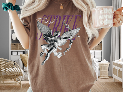 Y2K Chrome Angel Graphic T-Shirt - "First Strike" Cupid Streetwear Tee - Vintage Wash