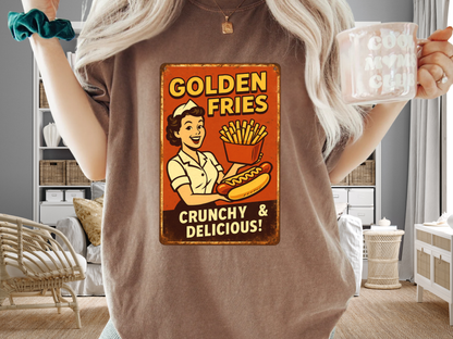 Golden Fries Retro Diner T-Shirt | Vintage Waitress & Hot Dog Graphic | Comfort Colors 1717 Tee