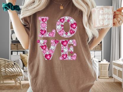 Love Faux Rhinestone T-Shirt Y2K Bling Graphic Comfort Colors 1717 Valentines Tee