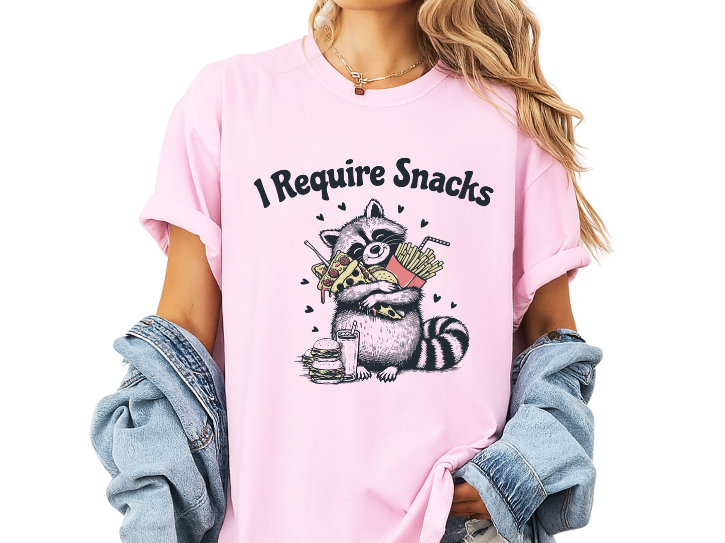 I Require Snacks Funny Raccoon T-Shirt Pizza Fries Graphic Comfort Colors 1717 Tee