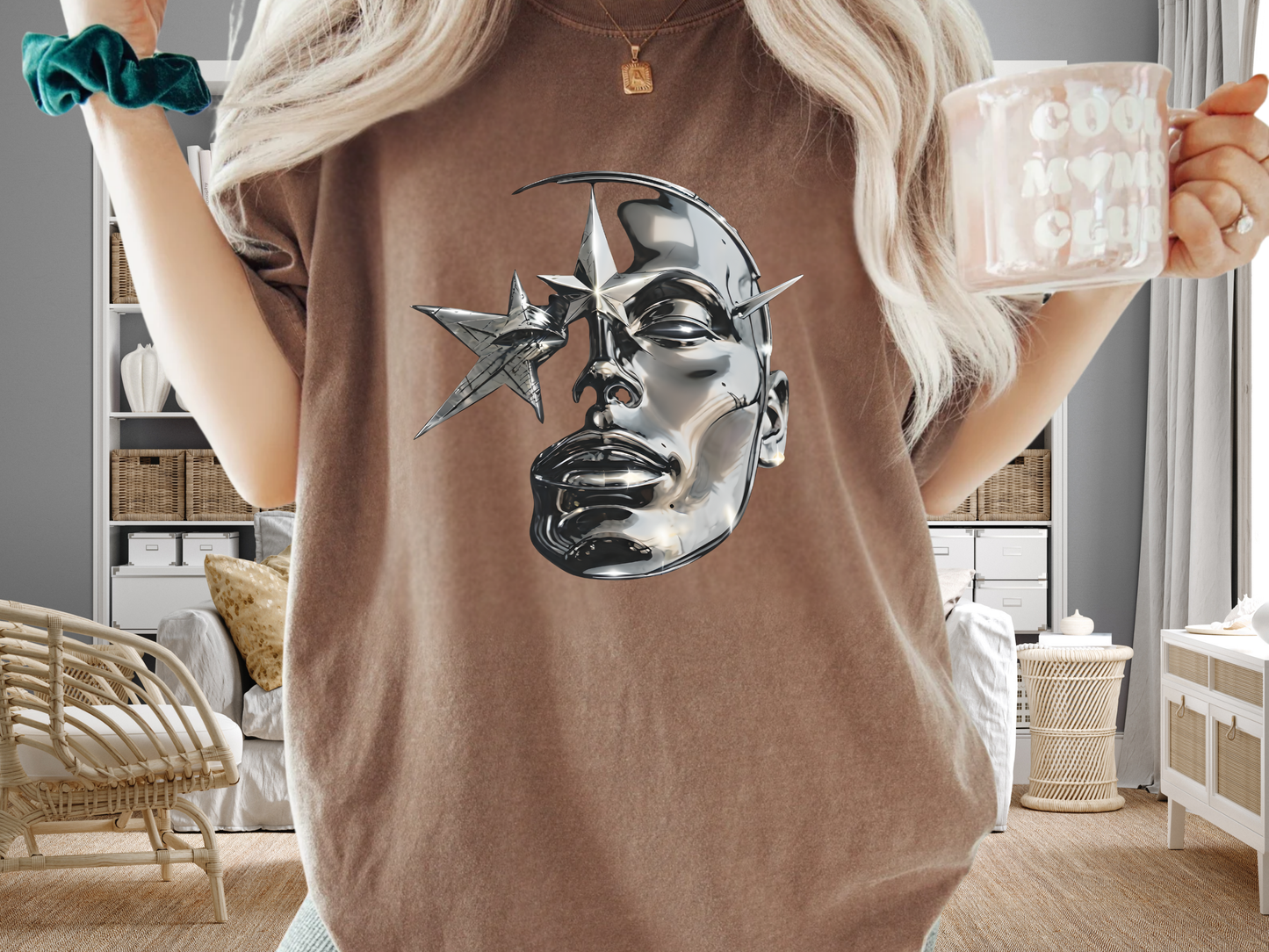 Cyber Y2K Chrome Face Graphic T-Shirt | Futuristic Liquid Metal Stars | Comfort Colors T-shirt