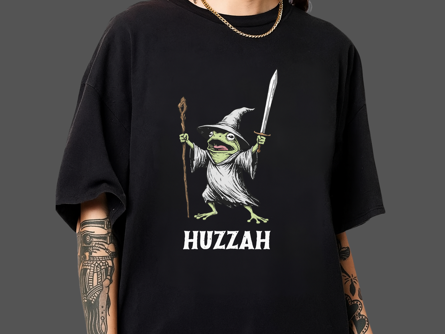 Huzzah Wizard Frog T-Shirt Vintage Fantasy Graphic Comfort Colors 1717 Heavyweight Tee