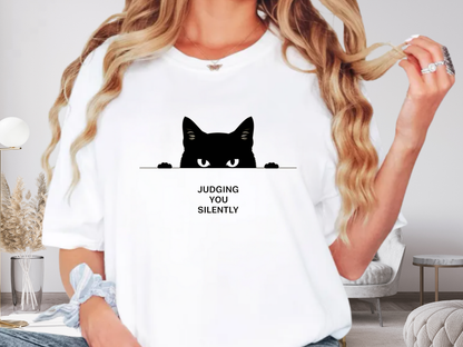 Judging You Silently Funny Cat T-Shirt Minimalist Peeking Graphic Comfort Colors 1717 Tee