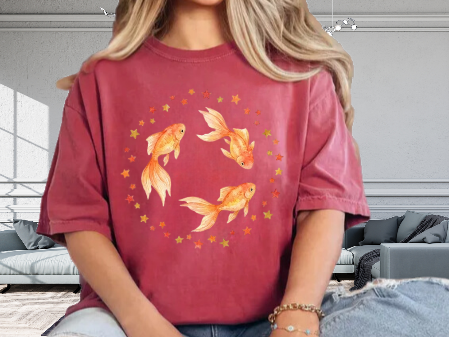 Goldfish Circle Graphic T-Shirt – Watercolor Fish Art | Comfort Colors 1717 Unisex Tee