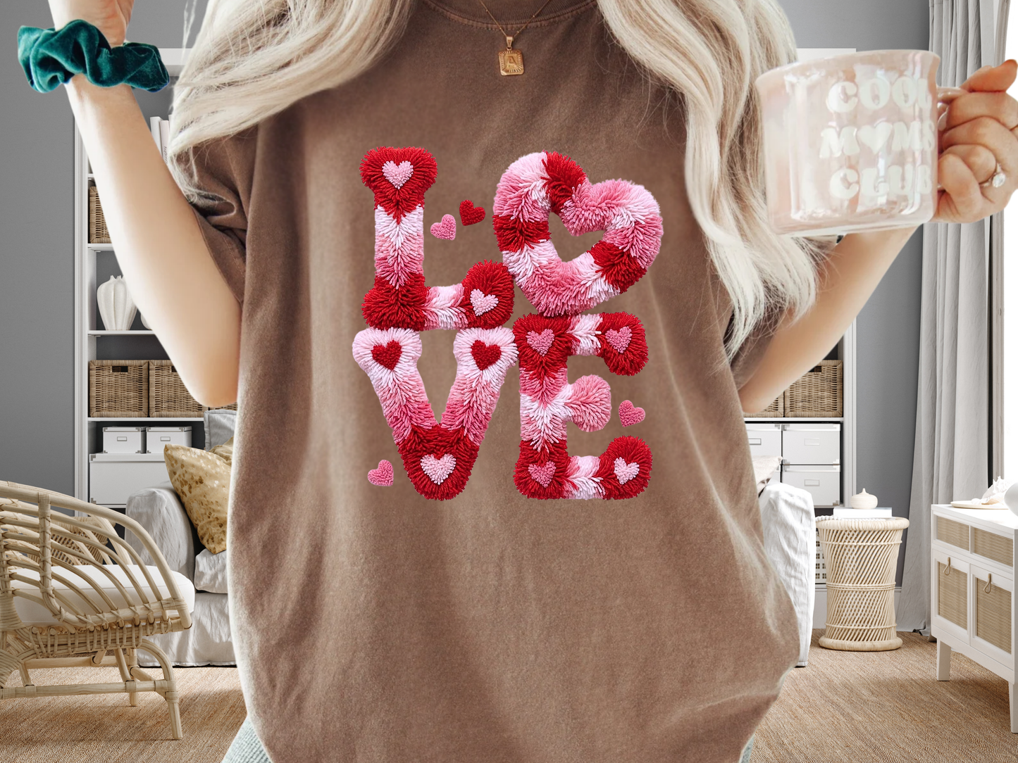 Love Hearts Faux Embroidery T-Shirt | Pink Tufted Chenille Graphic | Comfort Colors 1717 Valentine's Tee