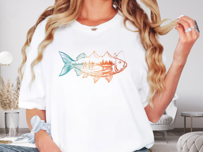 Fishing Mountain Double Exposure T-Shirt Trout Landscape Graphic Comfort Colors 1717 Outdoors Tee