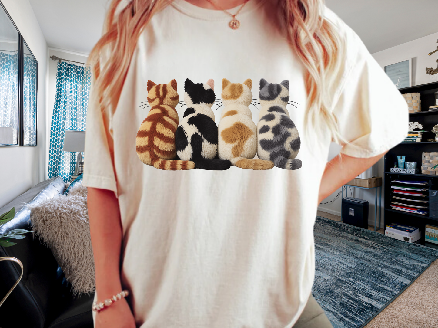 Four Cats Faux Embroidery T-Shirt Funny Cat Mom Graphic Comfort Colors 1717 Tee