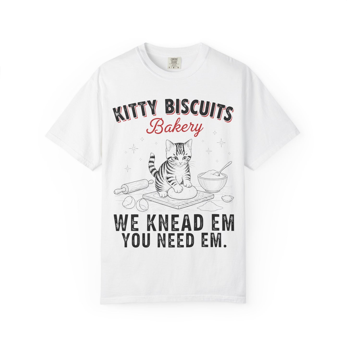 Funny 'Kitty Biscuits Bakery' T-Shirt | Cute Cat Kneading Dough Tee | Comfort Colors® 1717