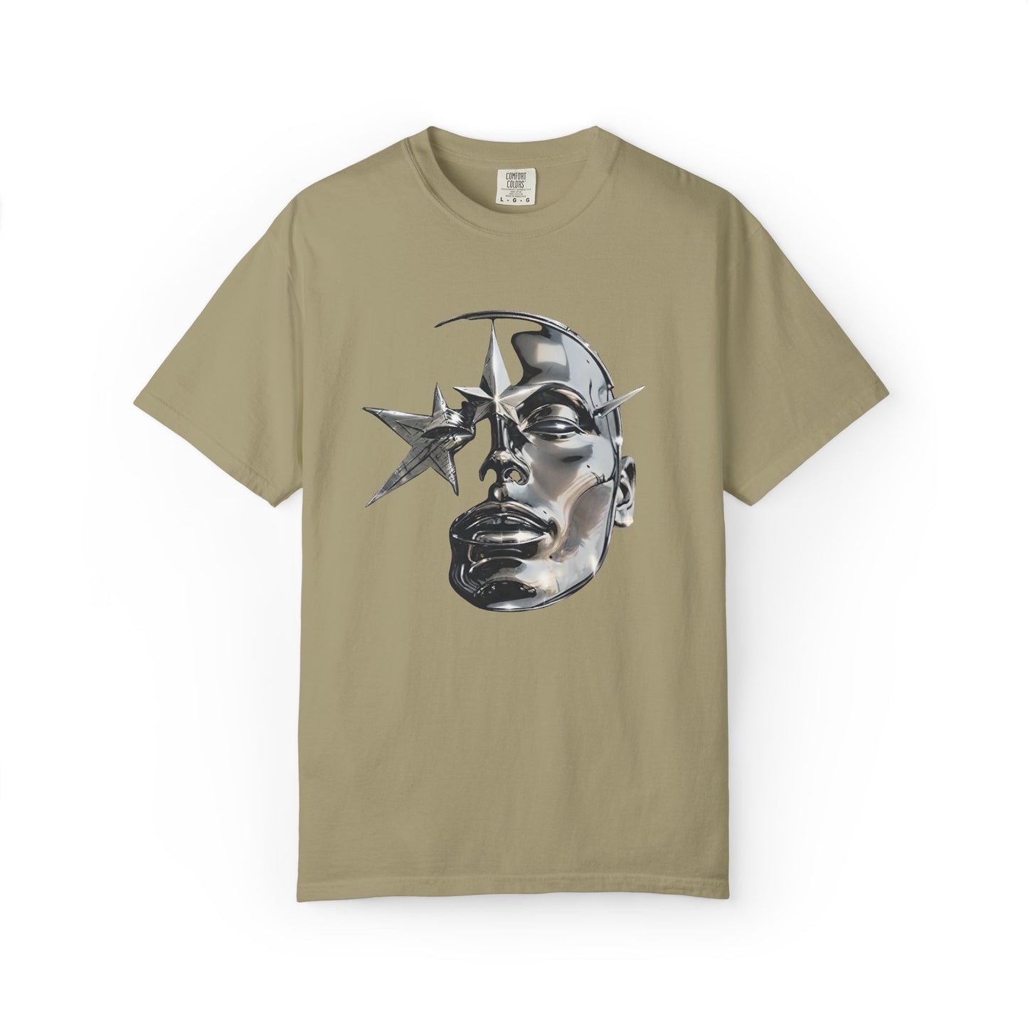 Cyber Y2K Chrome Face Graphic T-Shirt | Futuristic Liquid Metal Stars | Comfort Colors T-shirt