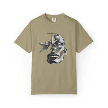 Cyber Y2K Chrome Face Graphic T-Shirt | Futuristic Liquid Metal Stars | Comfort Colors T-shirt