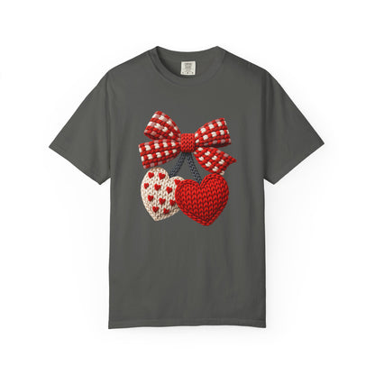 Valentine Faux Crochet Hearts T-Shirt – Knitted Heart Bow Love Graphic | Comfort Colors 1717