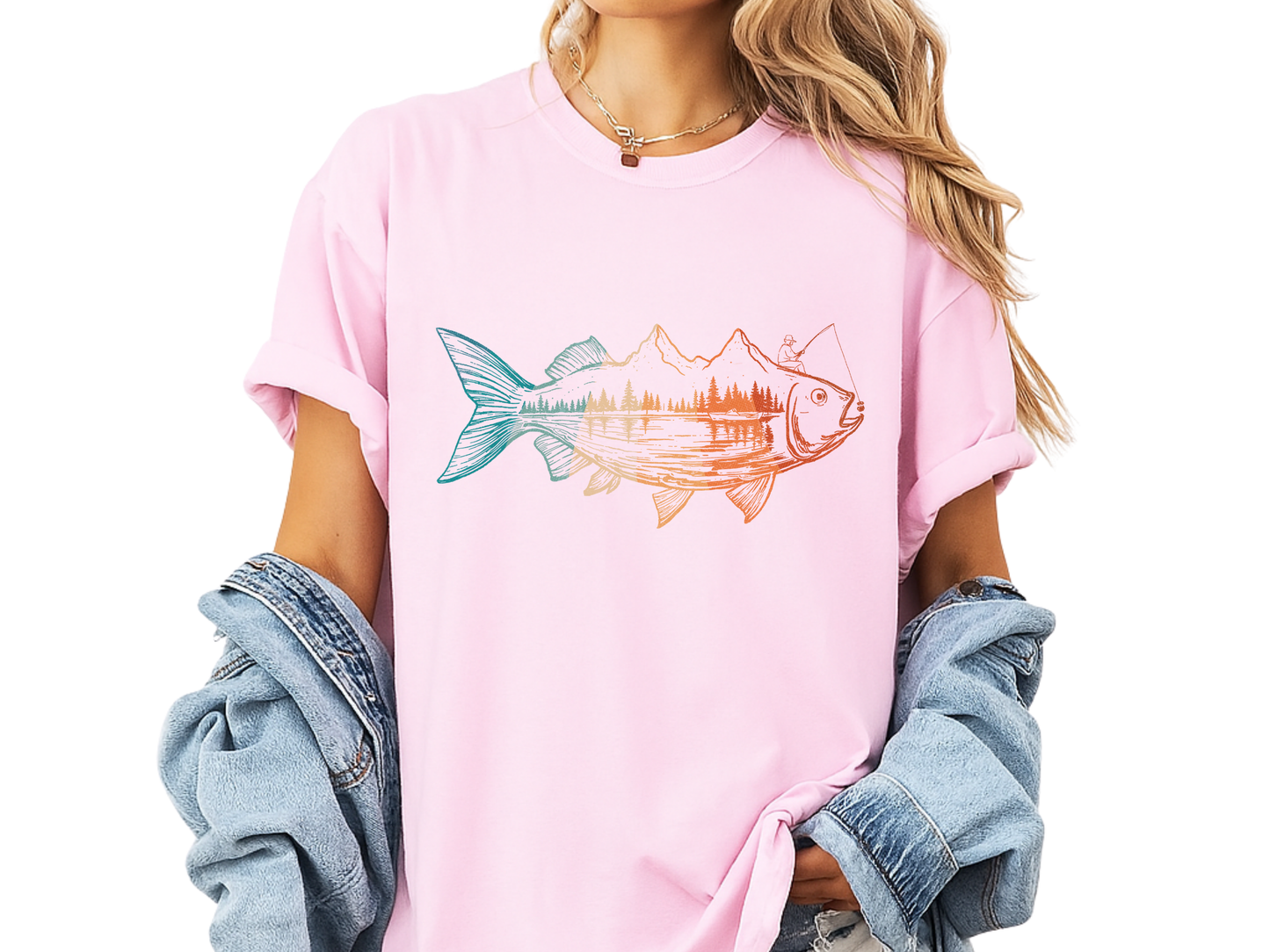 Fishing Mountain Double Exposure T-Shirt Trout Landscape Graphic Comfort Colors 1717 Outdoors Tee