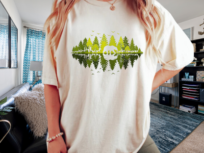 Bear Forest Reflection T-Shirt Nature Lover Graphic Comfort Colors 1717 Hiking Tee