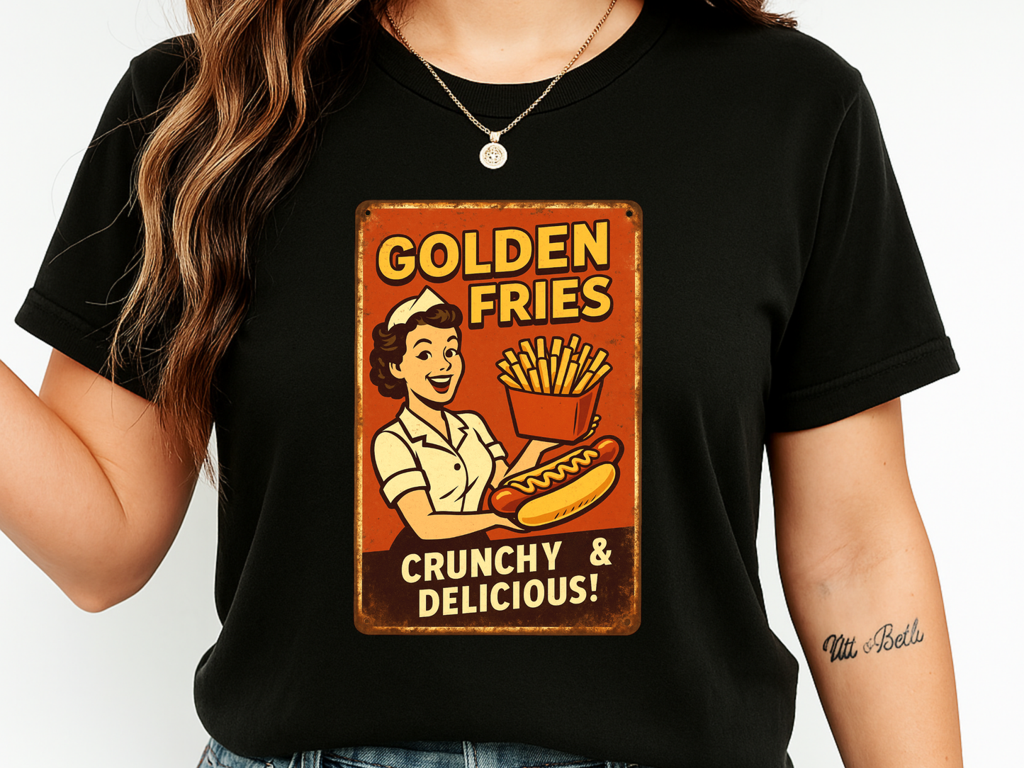 Golden Fries Retro Diner T-Shirt | Vintage Waitress & Hot Dog Graphic | Comfort Colors 1717 Tee