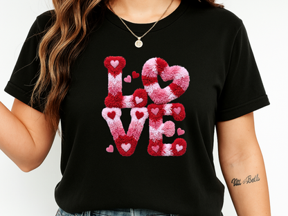 Love Hearts Faux Embroidery T-Shirt | Pink Tufted Chenille Graphic | Comfort Colors 1717 Valentine's Tee