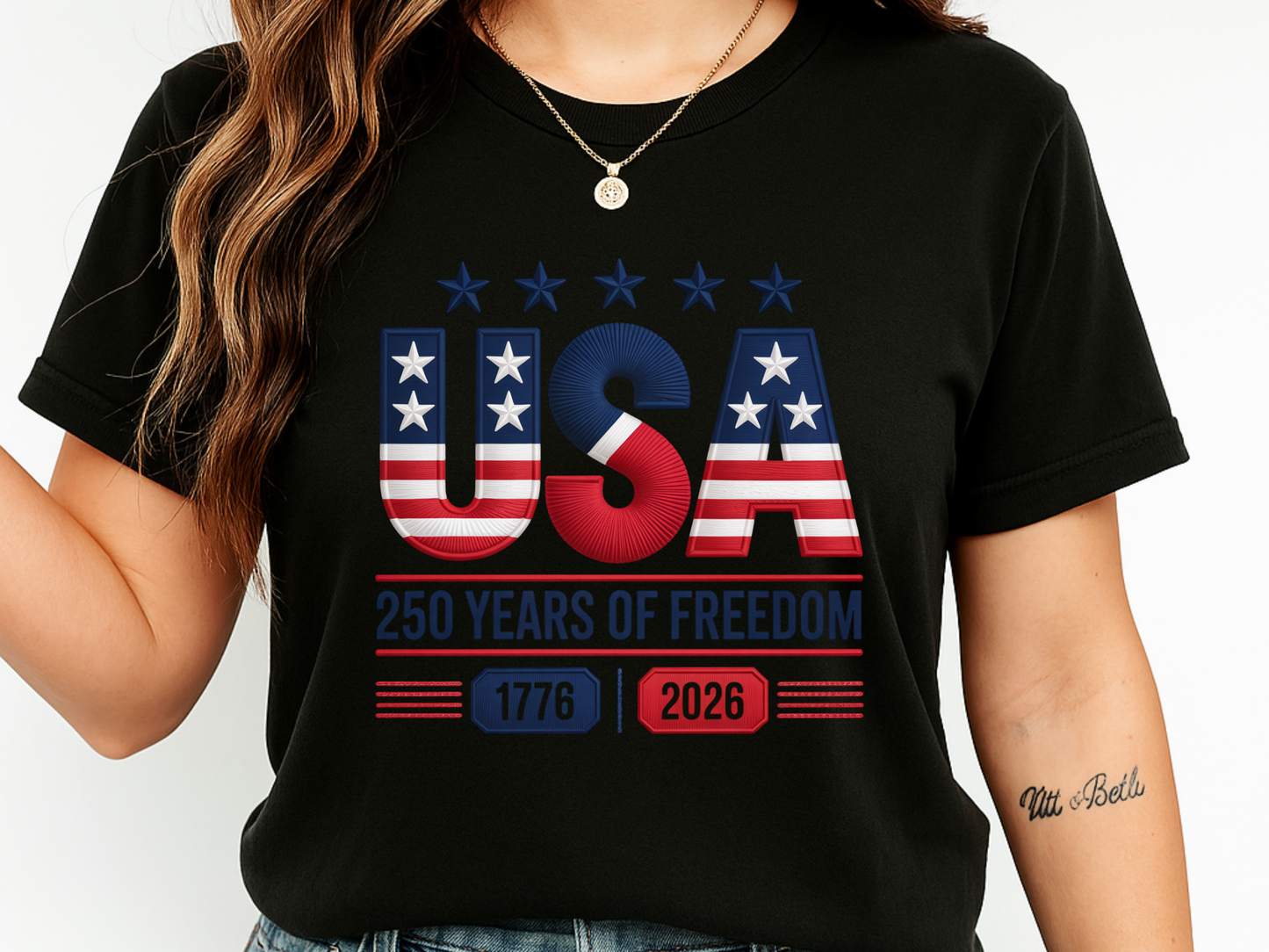 USA 250 Years Faux Embroidery T-Shirt | 1776-2026 Patriotic Stitched Graphic | Comfort Colors 1717 Tee