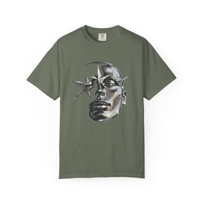 Cyber Y2K Chrome Face Graphic T-Shirt | Futuristic Liquid Metal Stars | Comfort Colors T-shirt