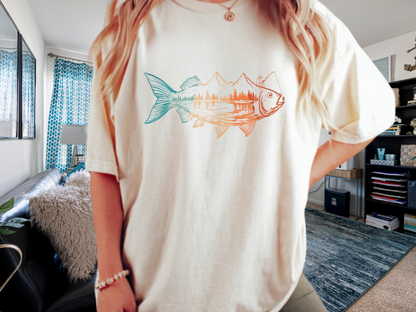 Fishing Mountain Double Exposure T-Shirt Trout Landscape Graphic Comfort Colors 1717 Outdoors Tee