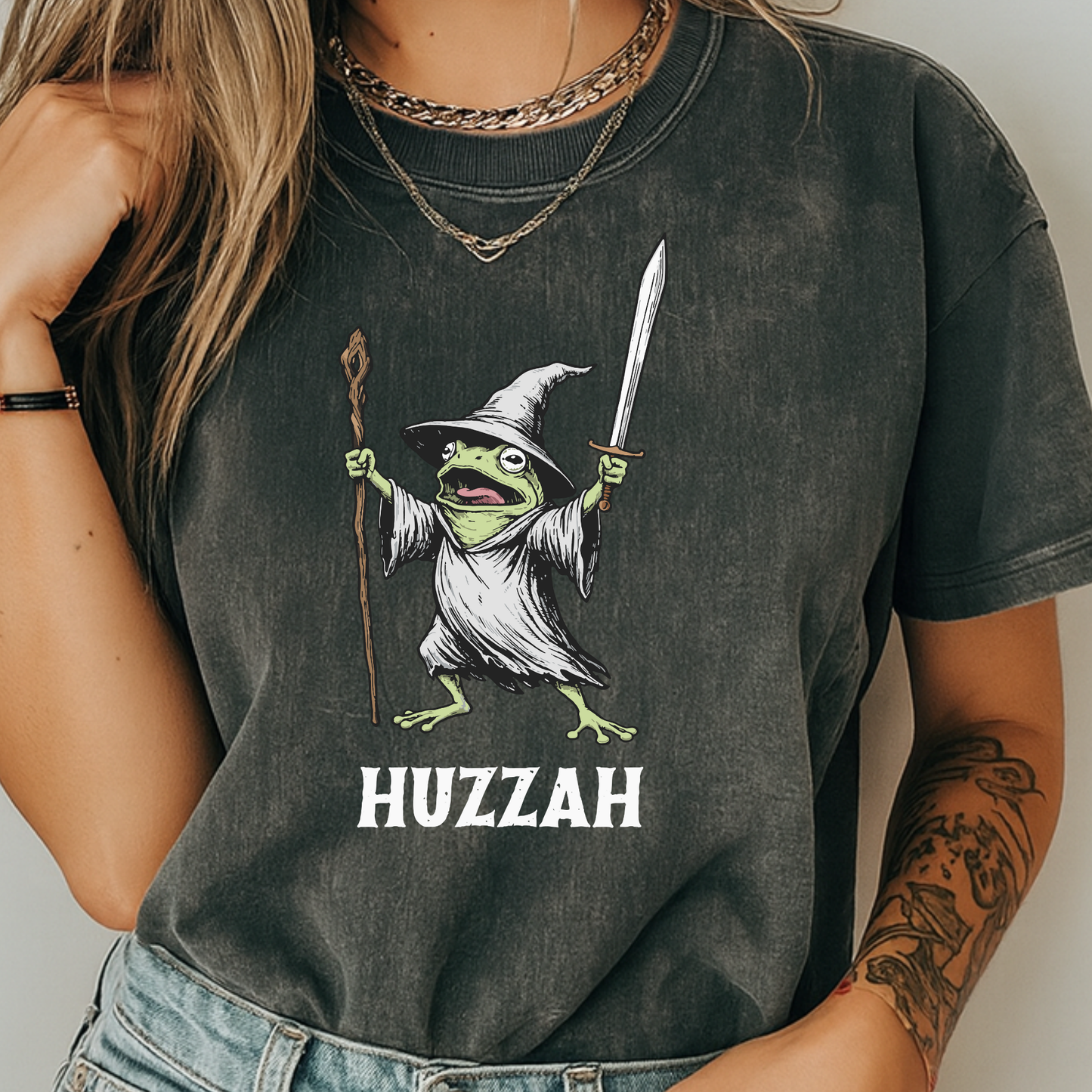 Huzzah Wizard Frog T-Shirt Vintage Fantasy Graphic Comfort Colors 1717 Heavyweight Tee