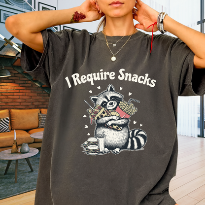 I Require Snacks Funny Raccoon T-Shirt Pizza Fries Graphic Comfort Colors 1717 Tee