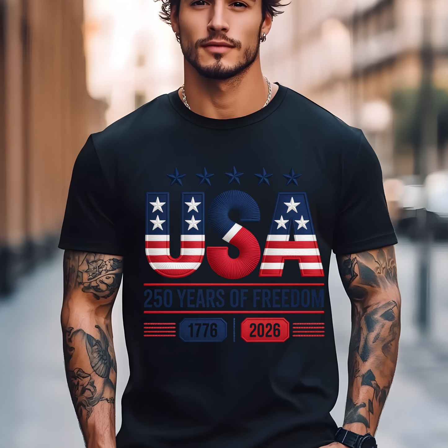 USA 250 Years Faux Embroidery T-Shirt | 1776-2026 Patriotic Stitched Graphic | Comfort Colors 1717 Tee
