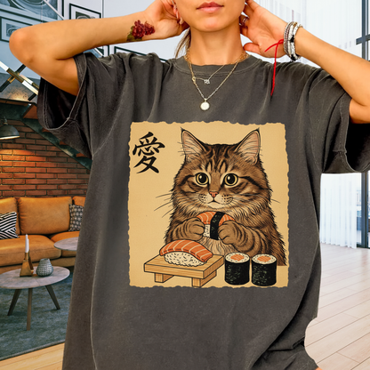 Sushi Cat Japanese Art T-Shirt Vintage Ukiyo-e Graphic Comfort Colors 1717 Tee