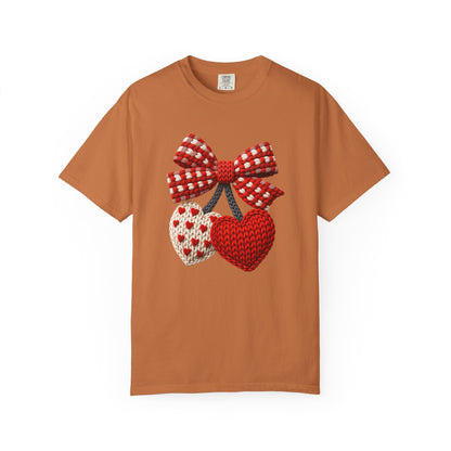 Valentine Faux Crochet Hearts T-Shirt – Knitted Heart Bow Love Graphic | Comfort Colors 1717