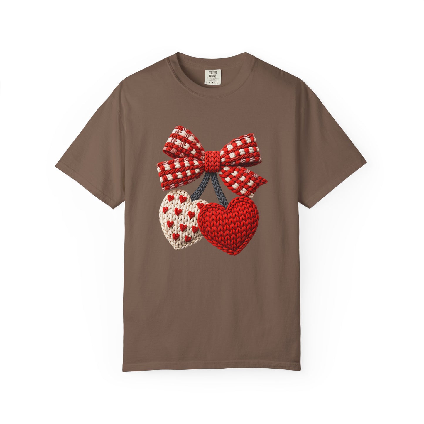 Valentine Faux Crochet Hearts T-Shirt – Knitted Heart Bow Love Graphic | Comfort Colors 1717