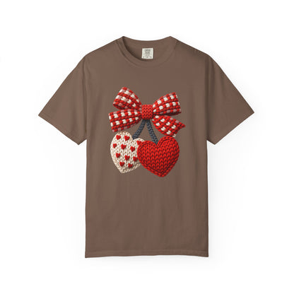 Valentine Faux Crochet Hearts T-Shirt – Knitted Heart Bow Love Graphic | Comfort Colors 1717