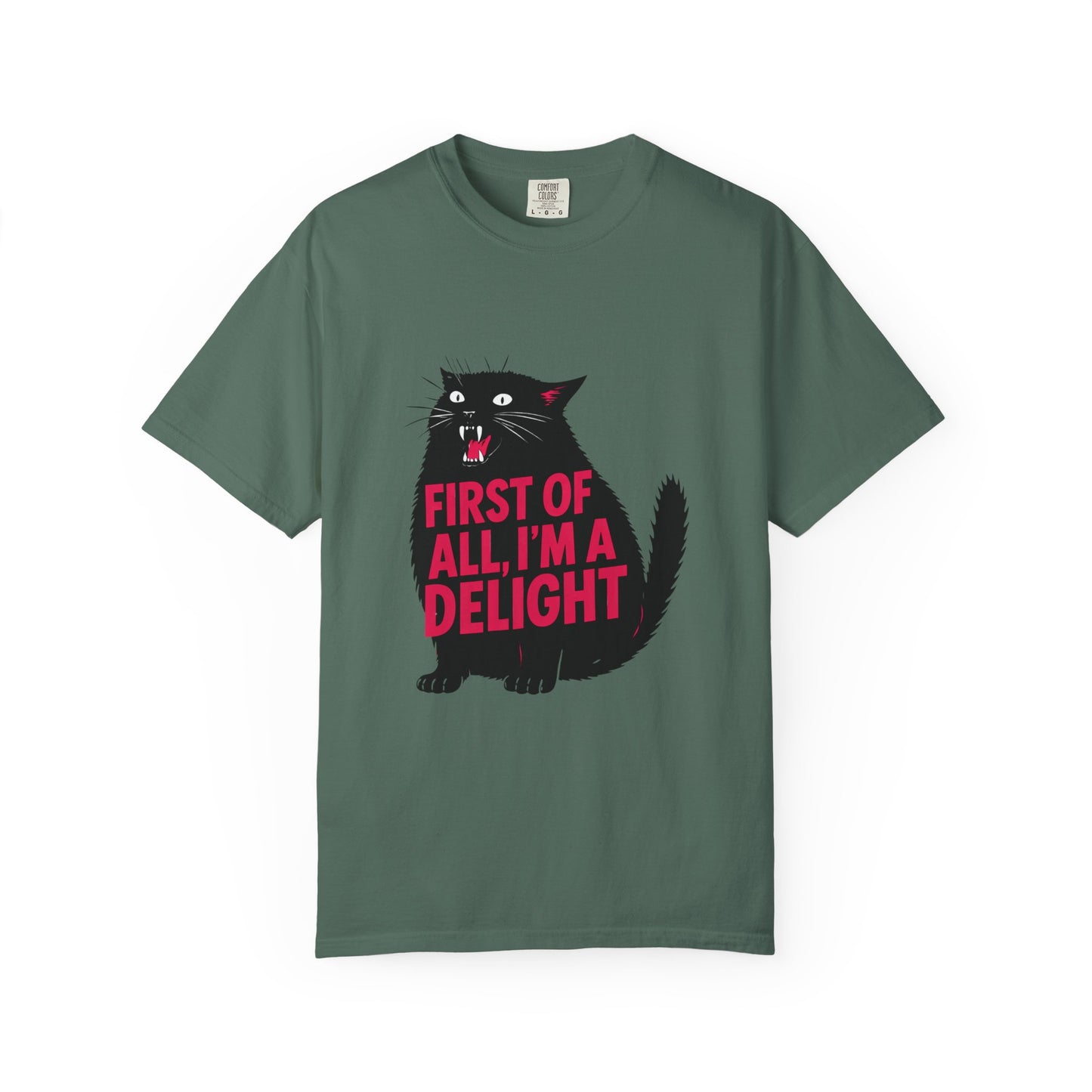 First Of All I'm A Delight T-Shirt | Sassy Screaming Black Cat Graphic Tee | Funny Sarcastic Cat Mom Gift