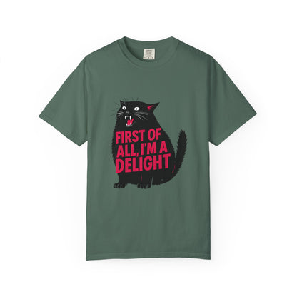 First Of All I'm A Delight T-Shirt | Sassy Screaming Black Cat Graphic Tee | Funny Sarcastic Cat Mom Gift