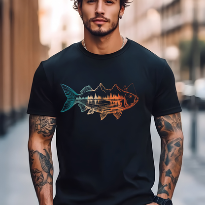 Fishing Mountain Double Exposure T-Shirt Trout Landscape Graphic Comfort Colors 1717 Outdoors Tee