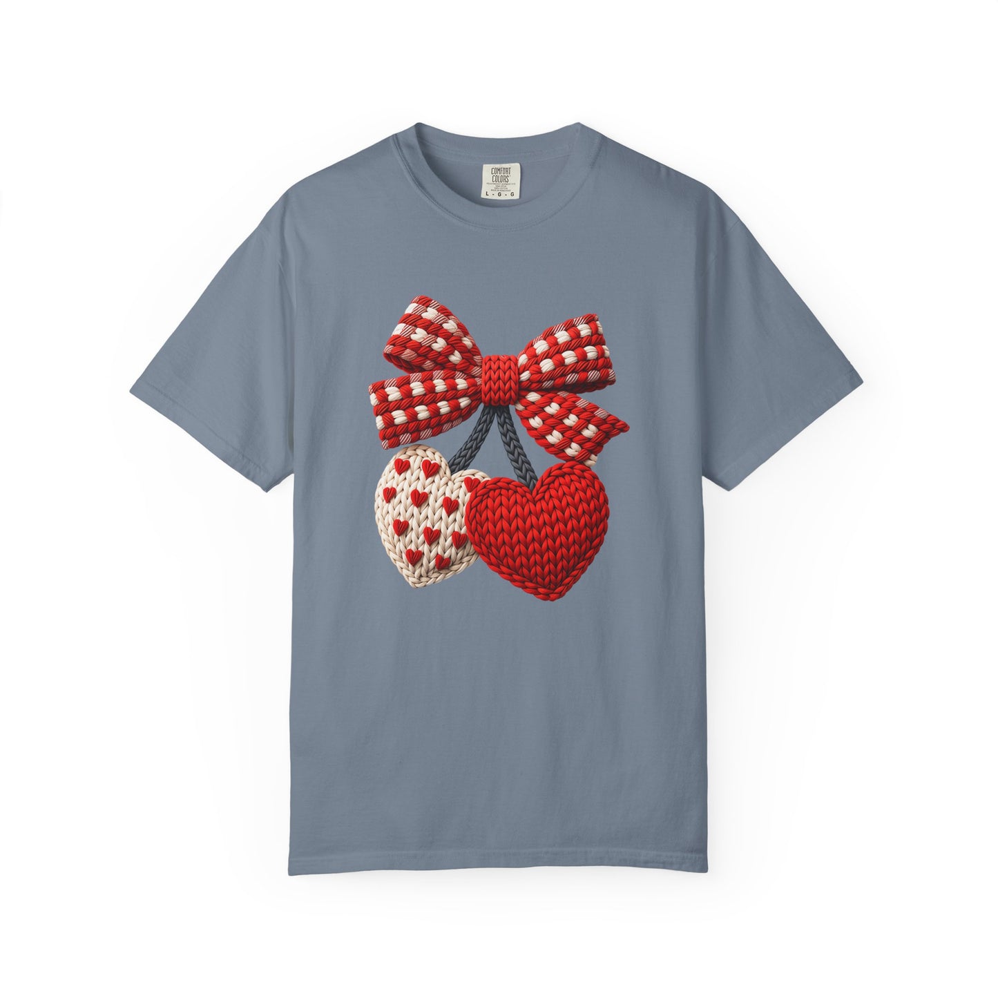 Valentine Faux Crochet Hearts T-Shirt – Knitted Heart Bow Love Graphic | Comfort Colors 1717