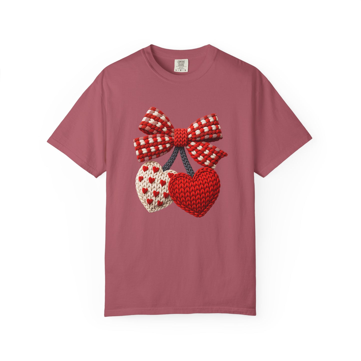 Valentine Faux Crochet Hearts T-Shirt – Knitted Heart Bow Love Graphic | Comfort Colors 1717